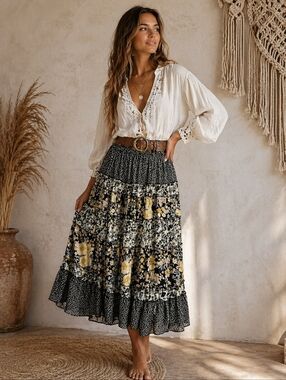 Vintage Notations Tiered Floral Maxi Skirt Size L Patchwork Boho EUC